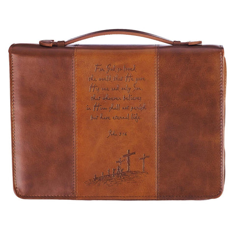 For God So Loved the World Two-tone Tan Faux Leather Classic Bible Cover - John 3:16