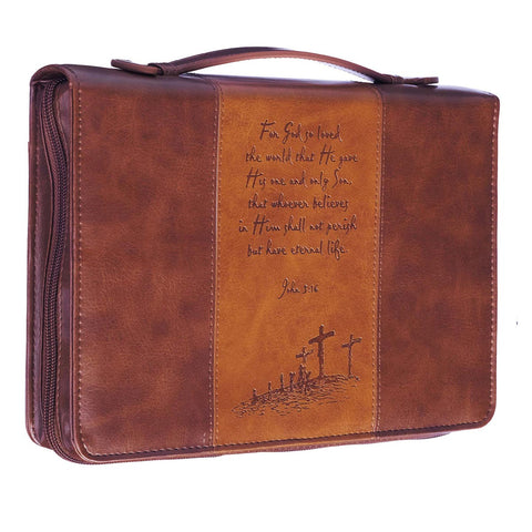 For God So Loved the World Two-tone Tan Faux Leather Classic Bible Cover - John 3:16