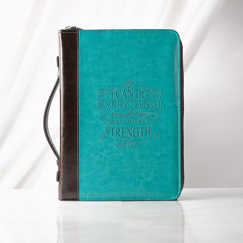 I Can Do Everything Turquoise & Brown Faux Leather Fashion Bible Cover -  Philippians 4:13
