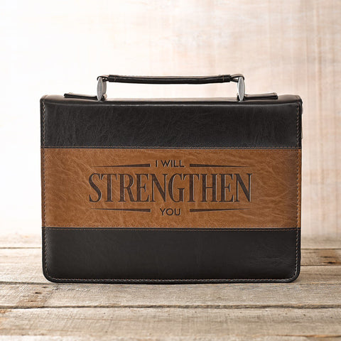 I Will Strengthen You Black and Brown Faux Leather Classic Bible Cover - Isaiah 41:10