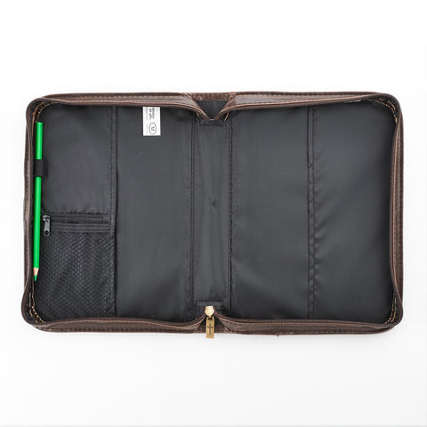 Brown Distressed Faux Leather Classic Bible Cover with Cross Badge