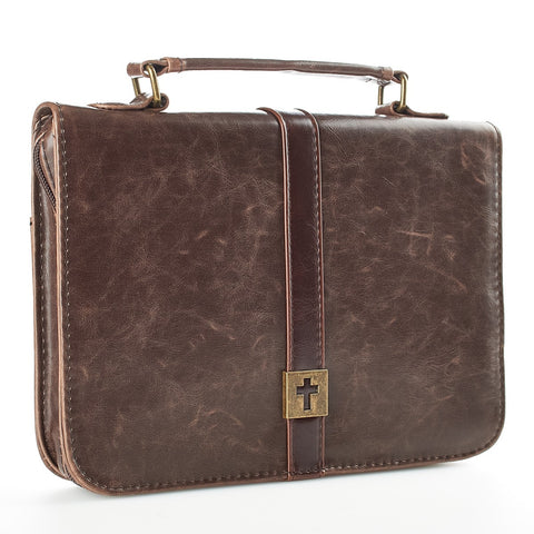 Brown Distressed Faux Leather Classic Bible Cover with Cross Badge