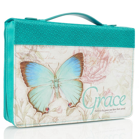 Grace Butterfly Blessings Teal Faux Leather Fashion Bible Cover - Ephesians 2:8