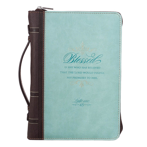 Blessed Light Blue Faux Leather Fashion Bible Cover - Luke 1:45