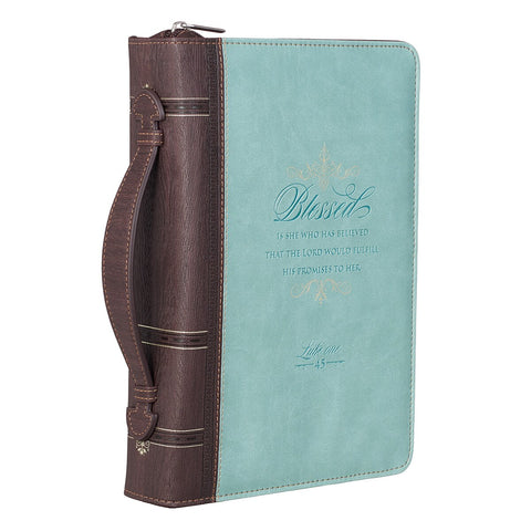 Blessed Light Blue Faux Leather Fashion Bible Cover - Luke 1:45