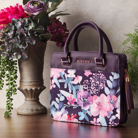 Blessed Purple Floral Faux Leather Purse-style Bible Cover
