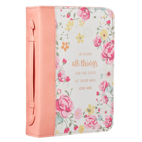 He Works All Things for Good Peach Floral Faux Leather Fashion Bible Cover - Romans 8:28