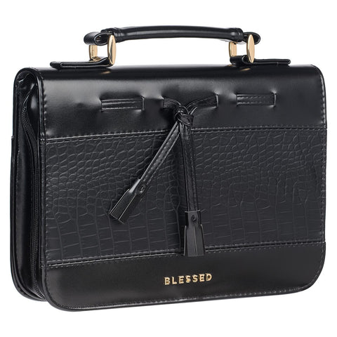 Blessed Black Croc Faux Leather Fashion Bible Cover with Tassels