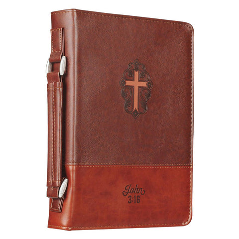 John 3:16 Two-Tone Brown Faux Leather Bible Cover With Cross