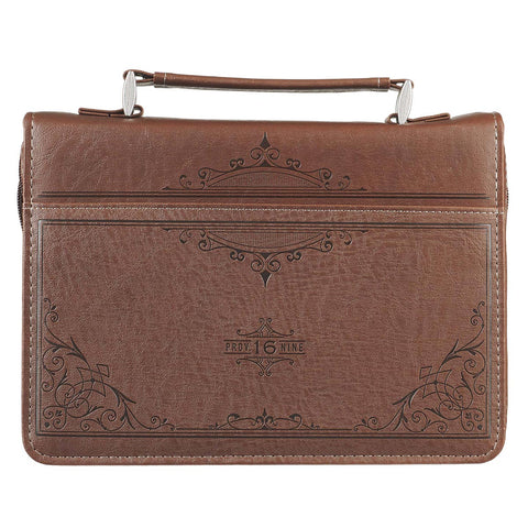 A Man's Heart Brown Faux Leather Classic Bible Cover - Proverbs 16:9