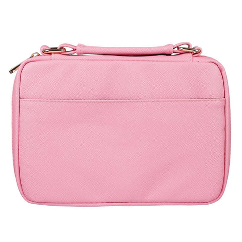 Pink Faux Leather Fashion Bible Cover with Decorative Flap and Metal Heart Badge