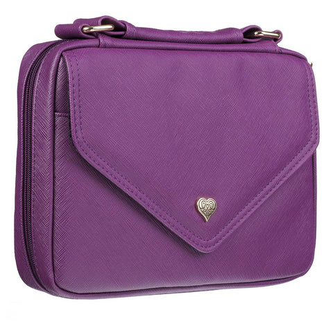 Purple Faux Leather Fashion Bible Cover with Decorative Flap and Metal Heart Badge