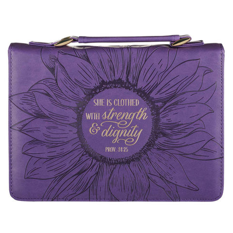 Purple Sunflower Strength & Dignity Faux Leather Fashion Bible Cover - Proverbs 31:25