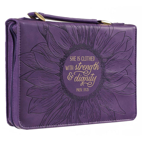Purple Sunflower Strength & Dignity Faux Leather Fashion Bible Cover - Proverbs 31:25