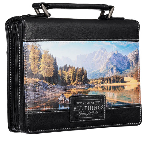 Through Christ Scenic Mountain Black Faux Leather Classic Bible Cover - Philippians 4:13