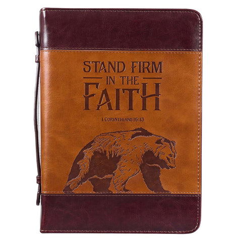 Stand Firm Two-tone Brown Faux Leather Classic Bible Cover - 1 Corinthians 16:13
