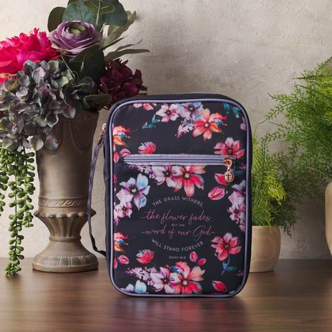 God's Word Stands Forever Navy Floral Nylon Fashion Bible Cover - Isaiah 40:8