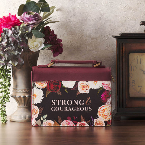 Strong and Courageous Merlot Bouquet Faux Leather Fashion Bible Cover – Joshua 1:9