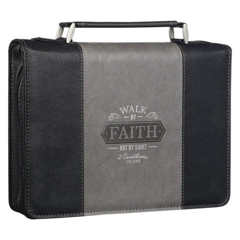 Walk by Faith Black and Gray Faux Leather Classic Bible Cover - 2 Corinthians 5:7