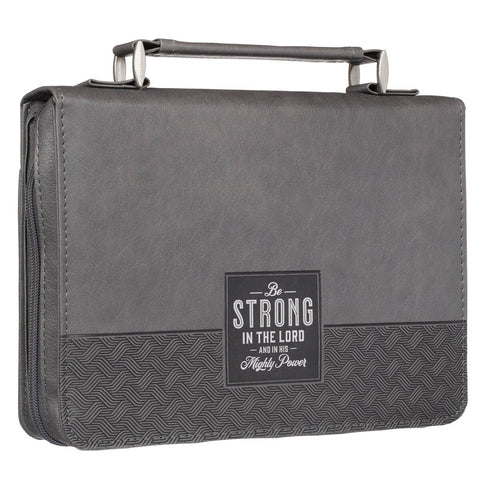 Be Strong in the Lord Gray and Black Faux Leather Classic Bible Cover - Ephesians 6:10