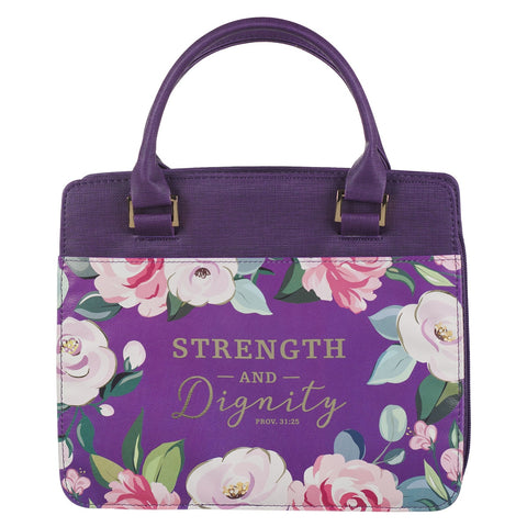 Strength and Dignity Purple Floral Purse-style Bible Cover - Proverbs 31:25