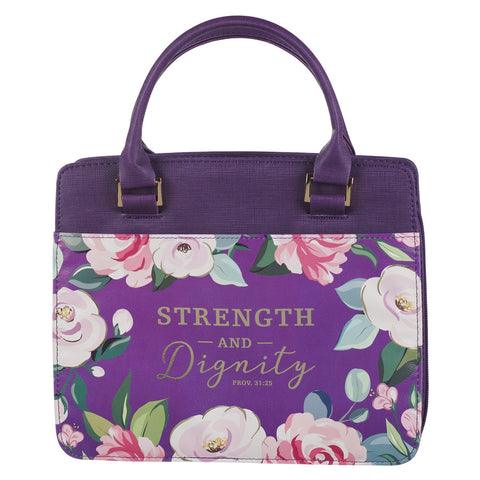 Strength and Dignity Purple Floral Purse-style Bible Cover - Proverbs 31:25
