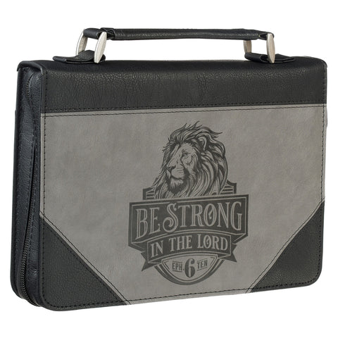 Be Strong in the Lord Black and Gray Lion Faux Leather Classic Bible Cover - Ephesians 6:10