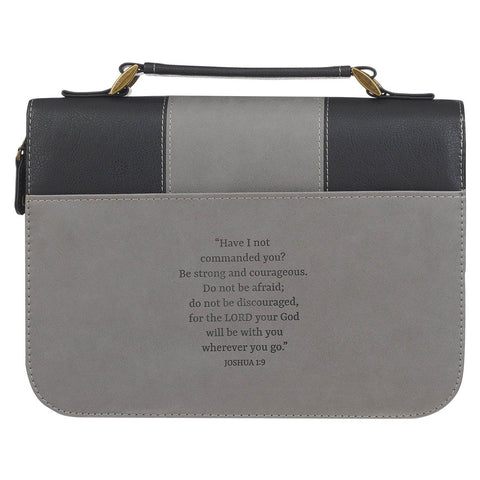 Be Strong and Courageous Gray and Black Faux Leather Classic Bible Cover - Joshua 1:9