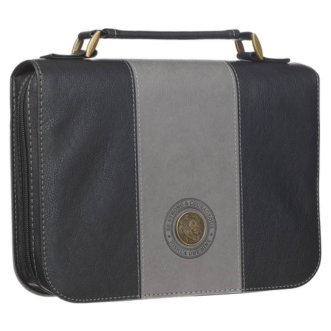 Be Strong and Courageous Gray and Black Faux Leather Classic Bible Cover - Joshua 1:9