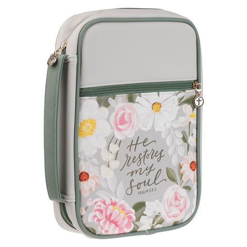 He Restores My Soul Gray Faux Leather Fashion Bible Cover - Psalm 23:3