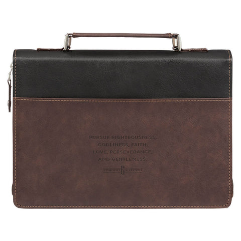 Pursue Righteousness Black and Walnut Brown Faux Leather Classic Bible Cover - 1 Timothy 6:11
