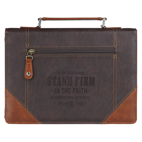 Stand Firm Espresso and Honey-brown Faux Leather Classic Bible Cover - 1 Corinthians 16:13