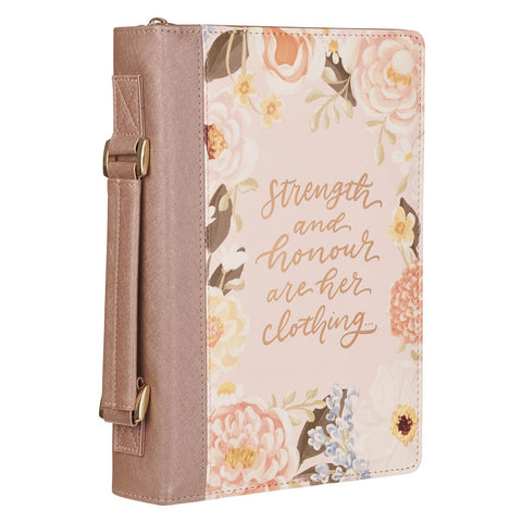 Strength and Honor Pink Floral Faux Leather Fashion Bible Cover - Proverbs 31:25