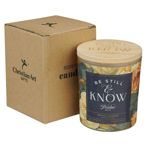 Be Still and Know Yellow Rose Nordic Seaside Scented Candle in a Glass Jar - Psalm 46:10