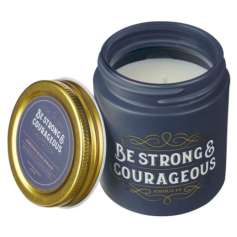 Be Strong and Courageous Fireside Blue Spruce Scented Candle in a Glass Jar - Joshua 1:9
