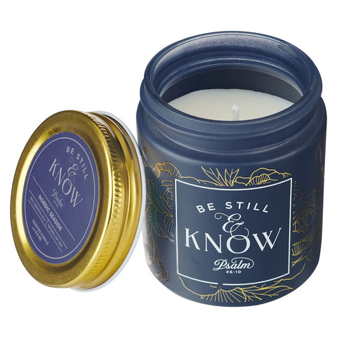 Be Still and Know Golden Rose Nordic Seaside Scented Candle in a Blue Glass Jar - Psalm 46:10