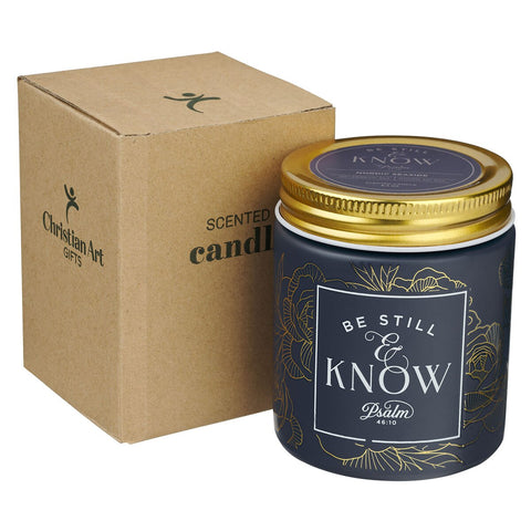 Be Still and Know Golden Rose Nordic Seaside Scented Candle in a Blue Glass Jar - Psalm 46:10