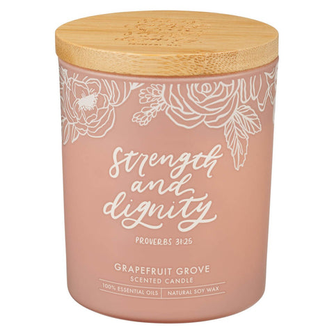 Strength and Dignity Grapefruit Scented Candle in a Peach Glass Jar- Proverbs 31:25