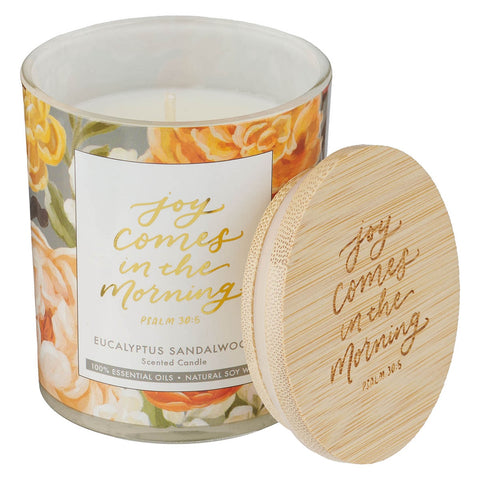 Joy Comes in the Morning Eucalyptus Sandalwood Scented Candle in a Glass Jar - Psalm 30:5