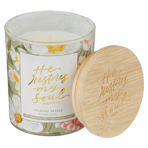 He Restores My Soul Calming Breeze Scented Candle in a Glass Jar - Psalm 23:3