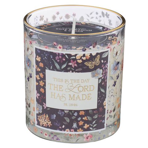This Is the Day Rose Geranium and Cedar Scented Candle in a Glass Jar - Psalm 118:24.