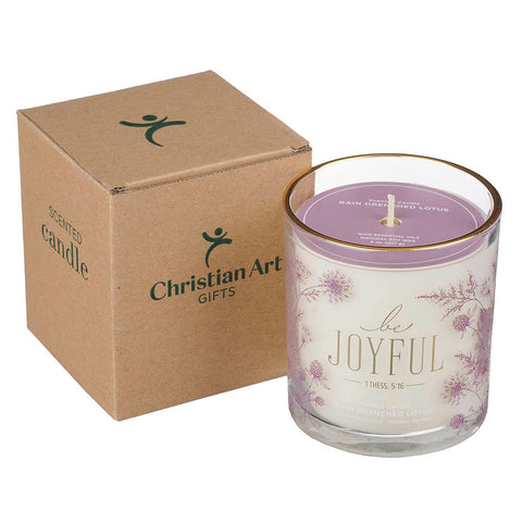 Always Be Joyful Dusty Mauve Rain-Drenched Lotus Scented Candle in a Glass Jar - 1 Thessalonians 5:16.