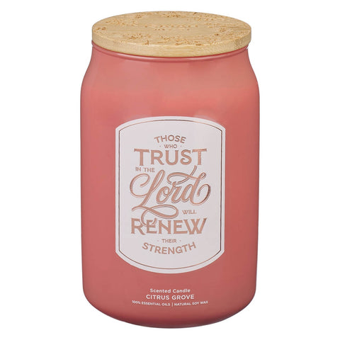 Trust In The Lord Coral Cascade Citrus Grove Scented Glass Candle in a Glass Jar - Isaiah 40:31