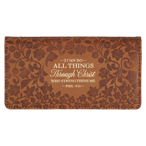 All Things Honey-brown Faux Leather Checkbook Wallet - Philippians 4:13