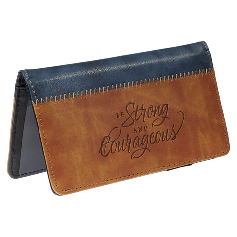 Strong and Courageous Butterscotch and Navy Faux Leather Checkbook Wallet - Joshua 1:9