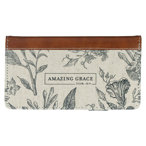 Amazing Grace Natural Canvas and Faux Leather Checkbook Wallet - 2 Corinthians 12:9