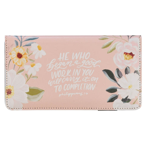 A Good Work Peach Floral Faux Leather Checkbook Wallet - Philippians 1:6
