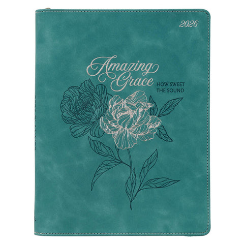 2026 Amazing Grace Large Zippered Teal Faux Leather 18-Month Planner for Women
