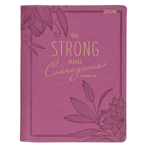 2026 Strong and Courageous Large Bright Pink Faux Leather Zippered 18-month Planner for Women - Joshua 1:9