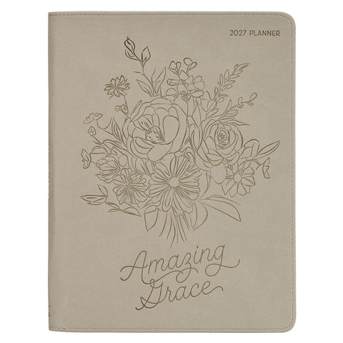 2027 Amazing Grace Large Zippered Taupe Faux Leather 18-Month Planner for Women
